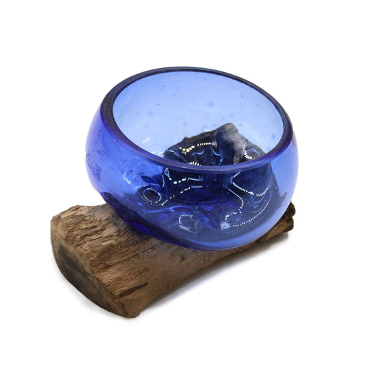 Mini blue glass bowl on natural wood base - handcrafted sustainable home decor
