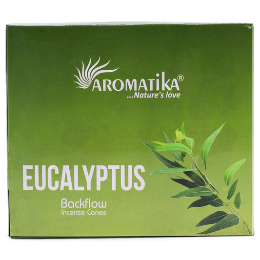 Aromatika Eucalyptus backflow incense cones packaging on a green background