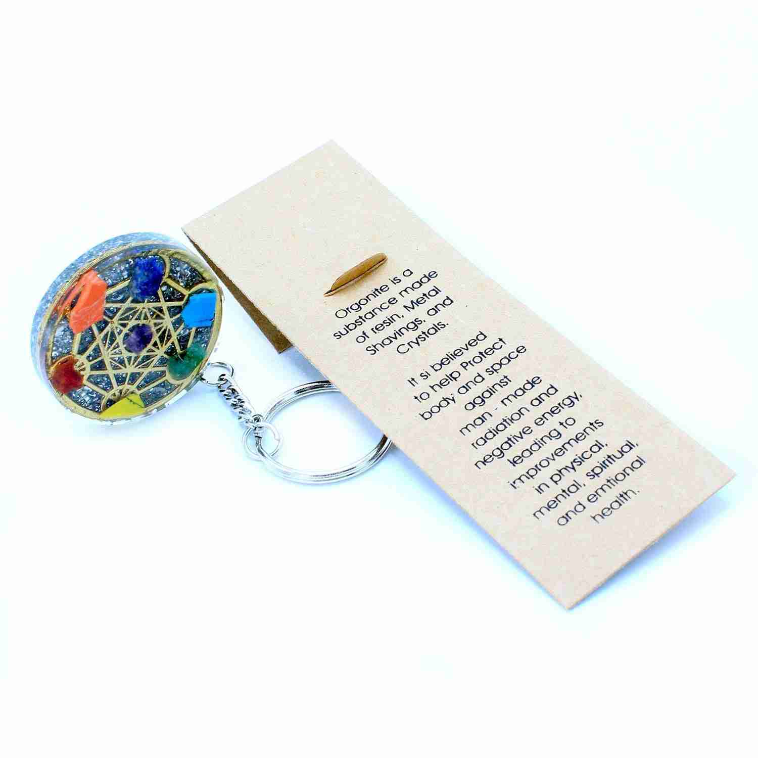Orgonite Power Keyring - Round Seven Chakra with information card