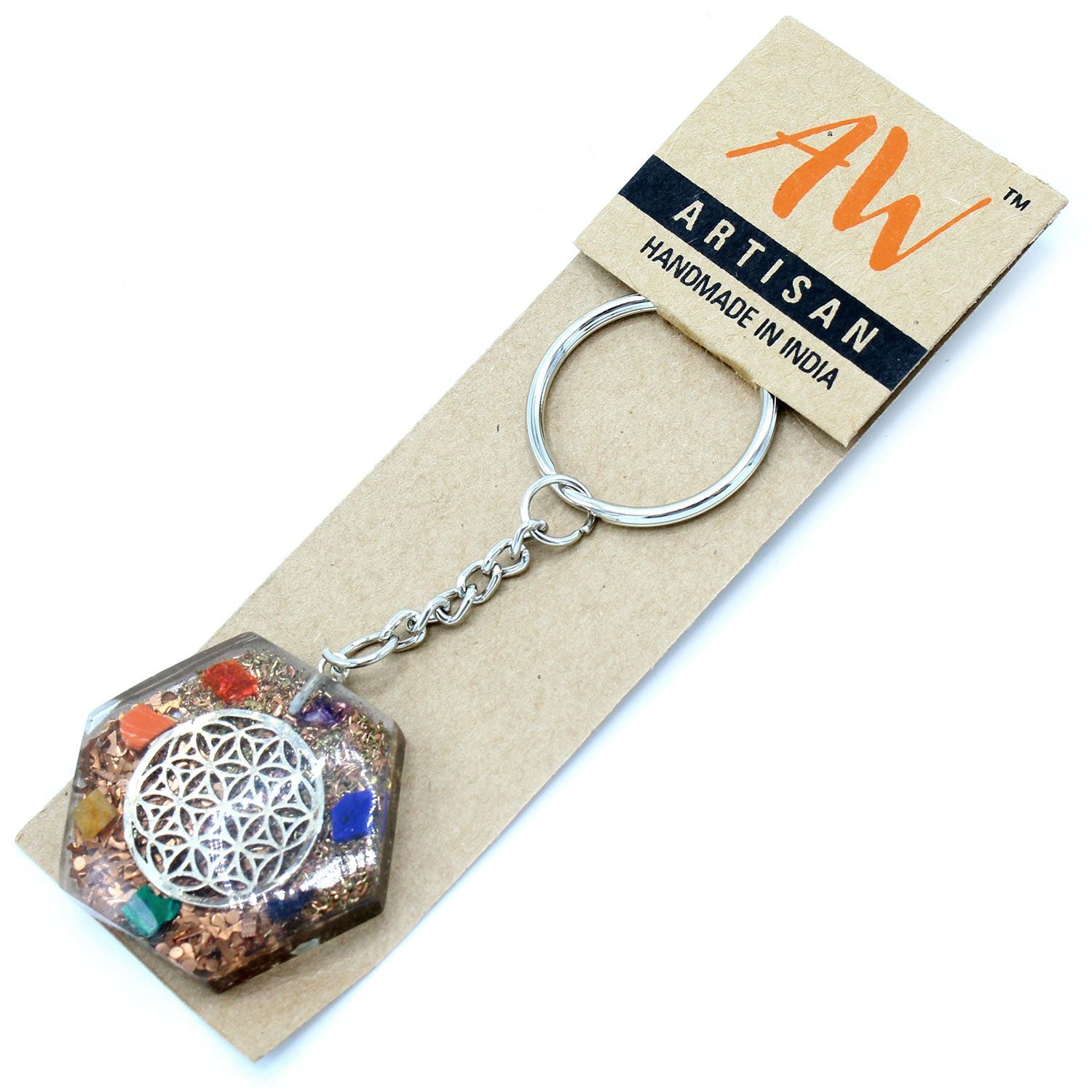 Orgonite Power Keyring - Octagon Flower of Life on a brown card with 'AW Artisan' branding.
