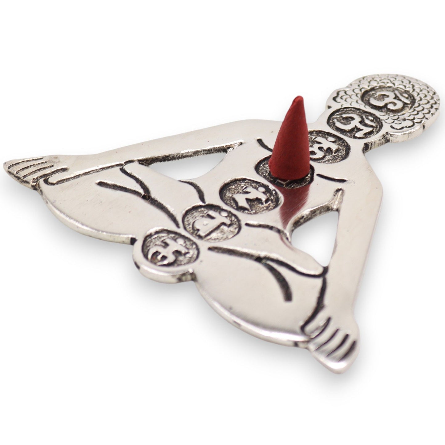 Polished Aluminum Seven Chakra Yoga Incense Holder with a red incense cone on a white background