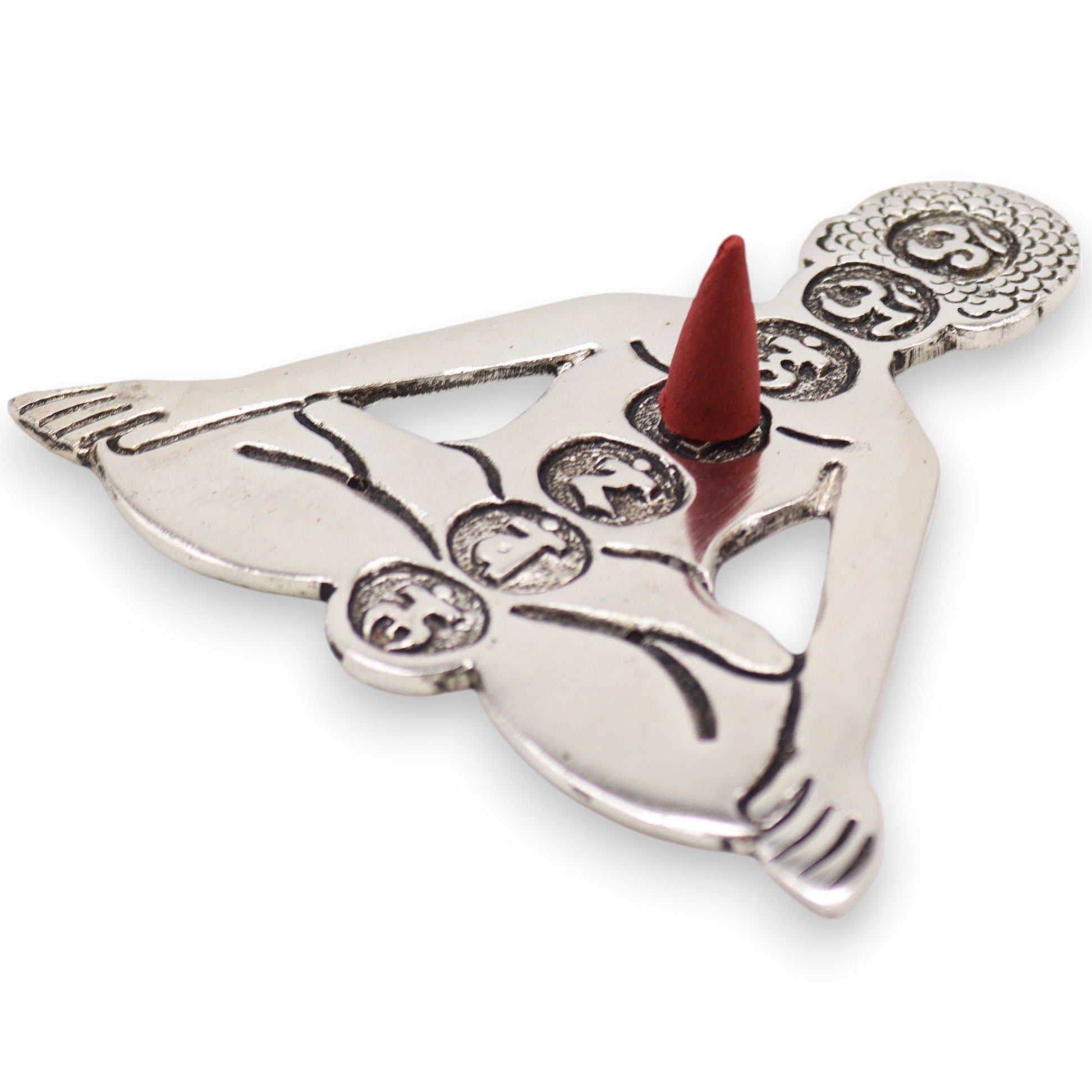 Polished Aluminum Seven Chakra Yoga Incense Holder with a red incense cone on a white background