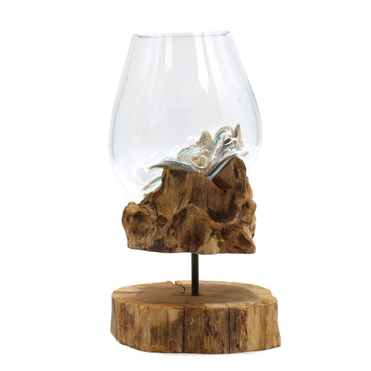 Handmade Recycled Glass Bowl on Wood Stand - Eco Decor