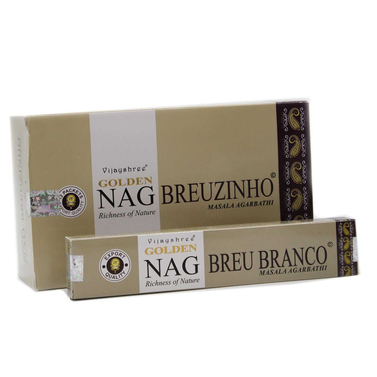 Two boxes of Golden Nag Breuzinho and Breu Branco incense on a white background