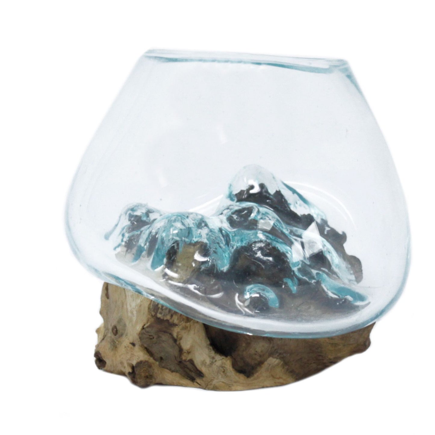 Molten glass bowl with wave design on a wooden base against a white background