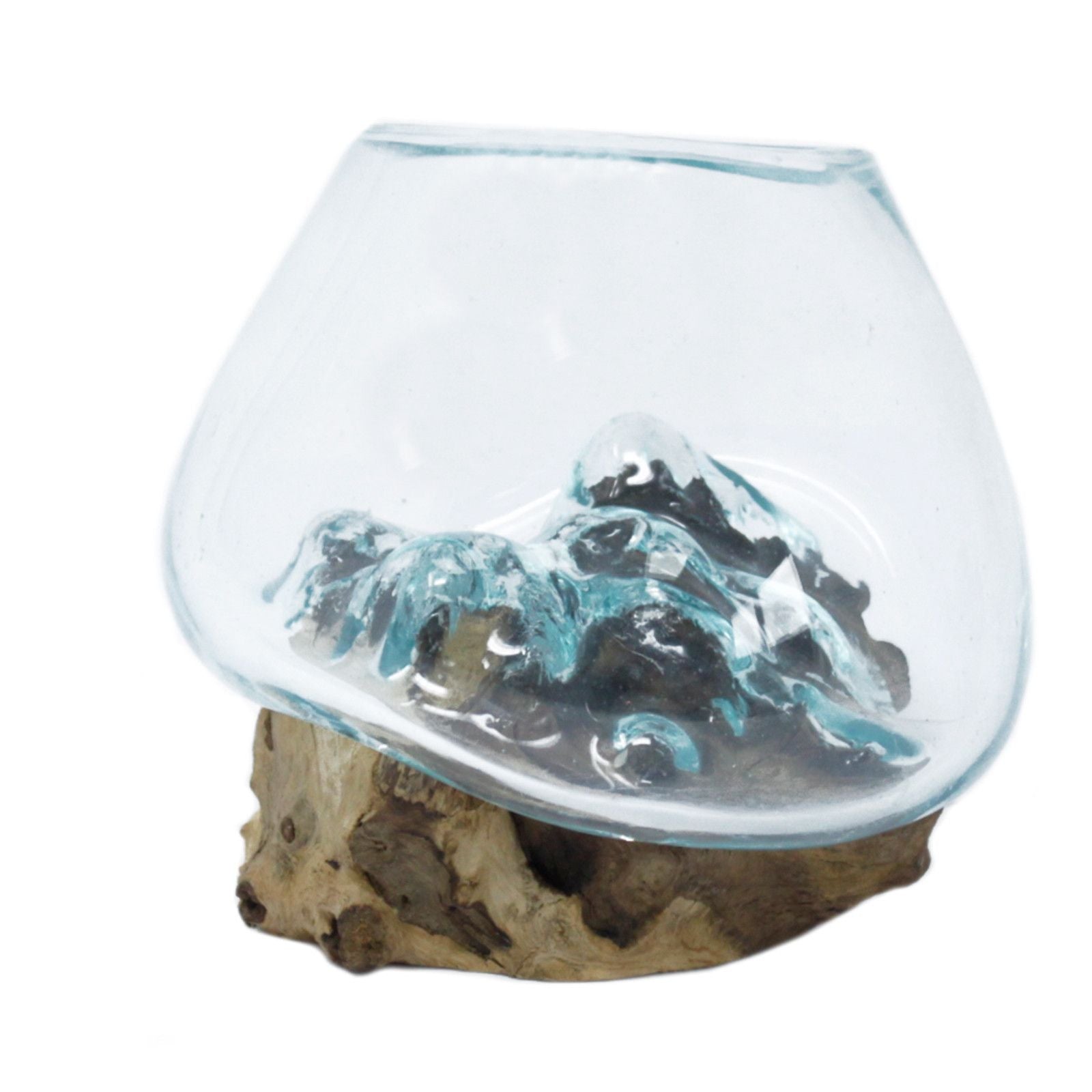 Molten glass bowl with wave design on a wooden base against a white background