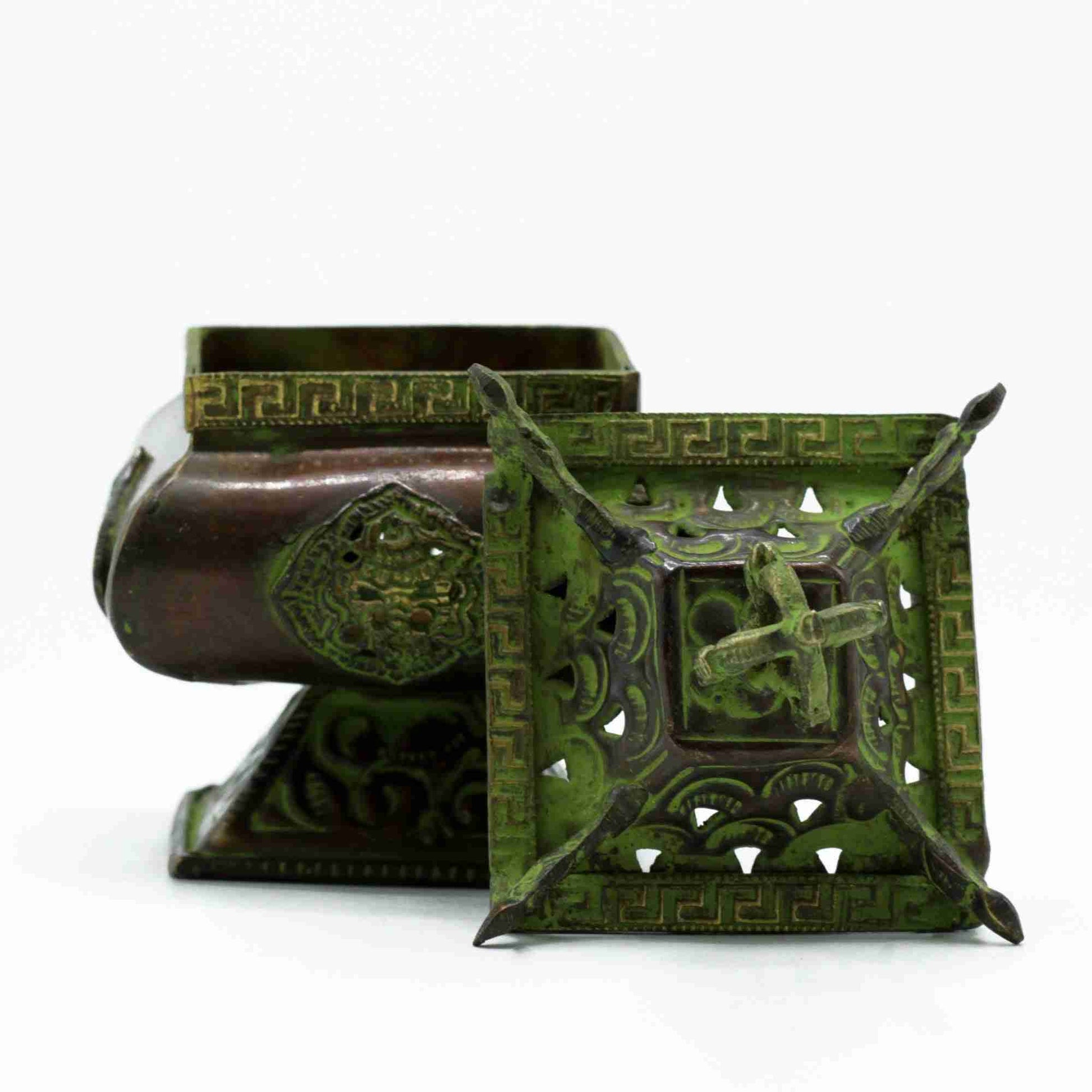 Brass Verdigris Tibetan Burner - Four Symbols Square Standing Pot showing lid removd