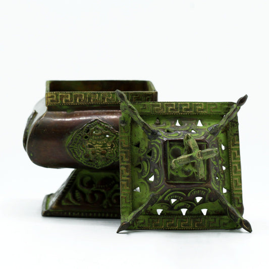 Brass Verdigris Tibetan Burner - Four Symbols Square Standing Pot showing lid removd