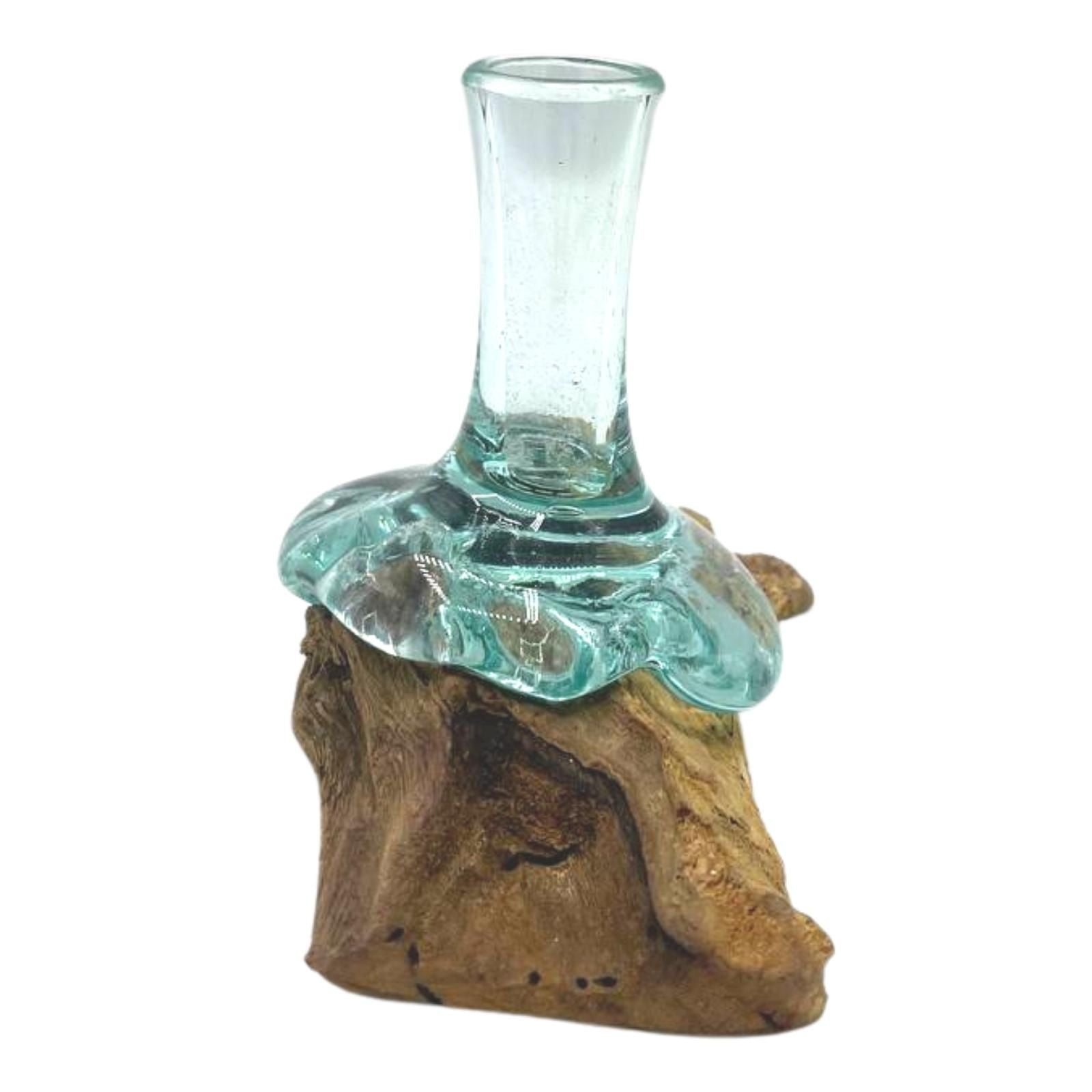 Small glass flower vase on natural wood base - handmade eco-friendly Balinese decor - side view