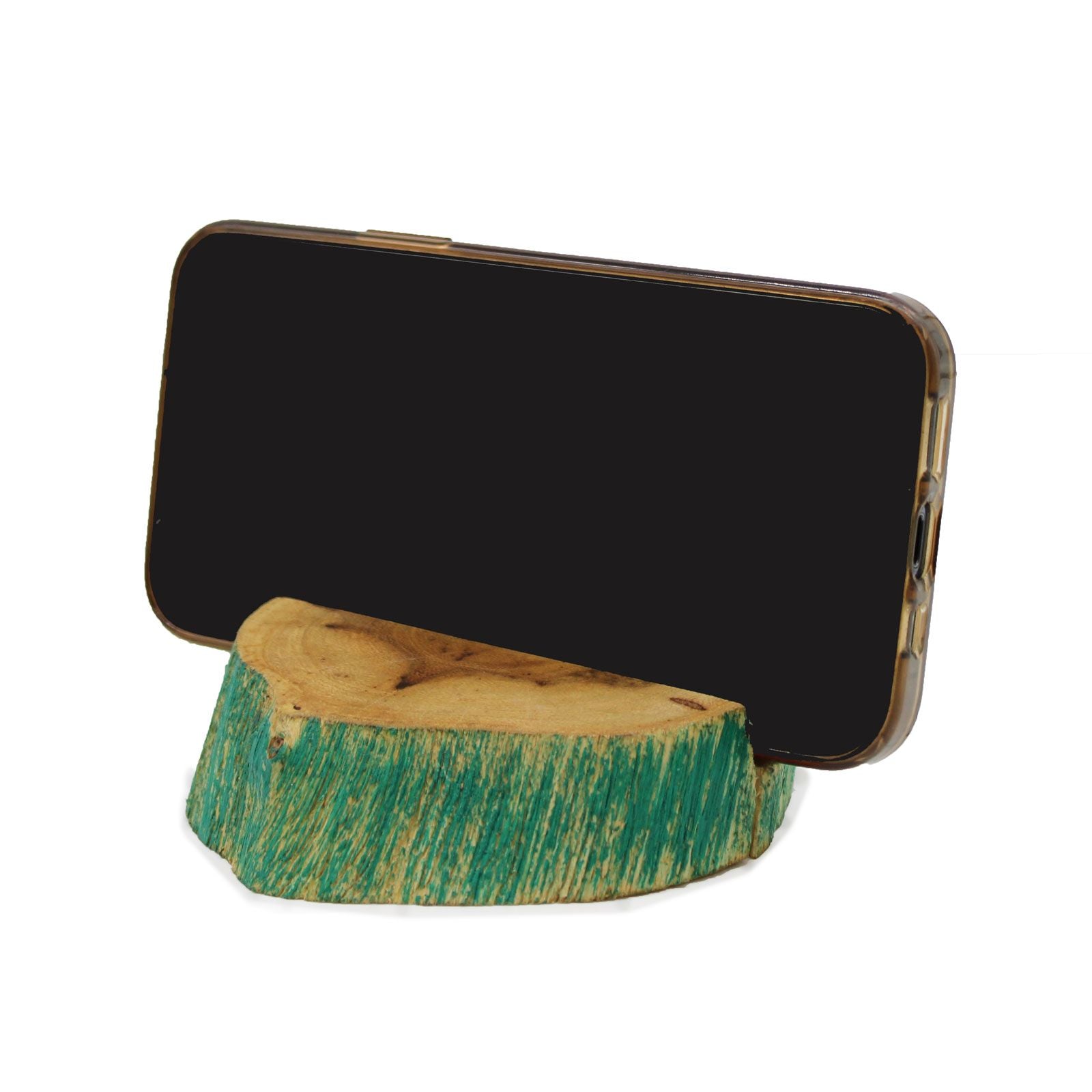 Phone stand made of green and brown wood with a smartphone on it against a white background