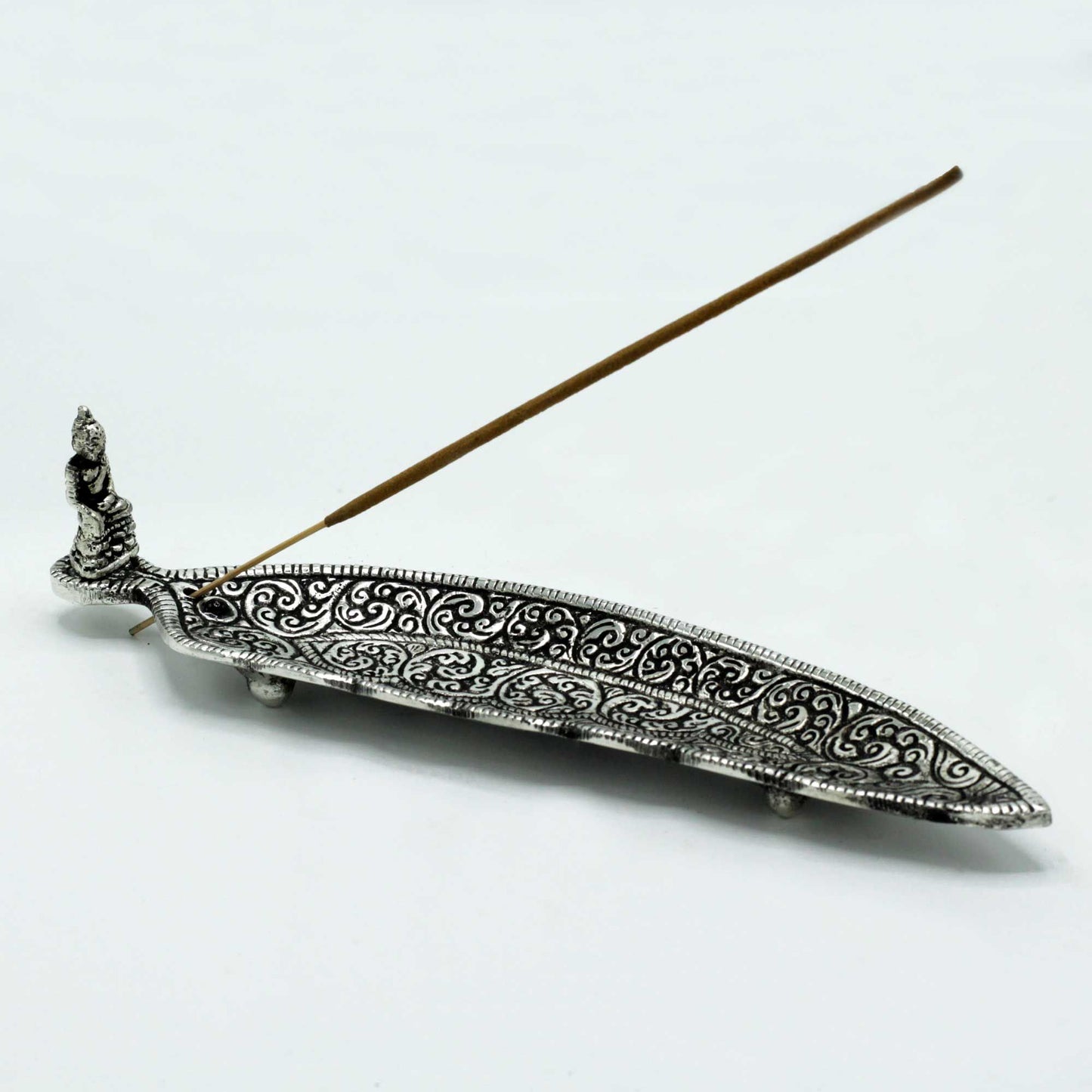 Polished Aluminium Buddha Long Shaped Incense Holder with a ingle incense stick