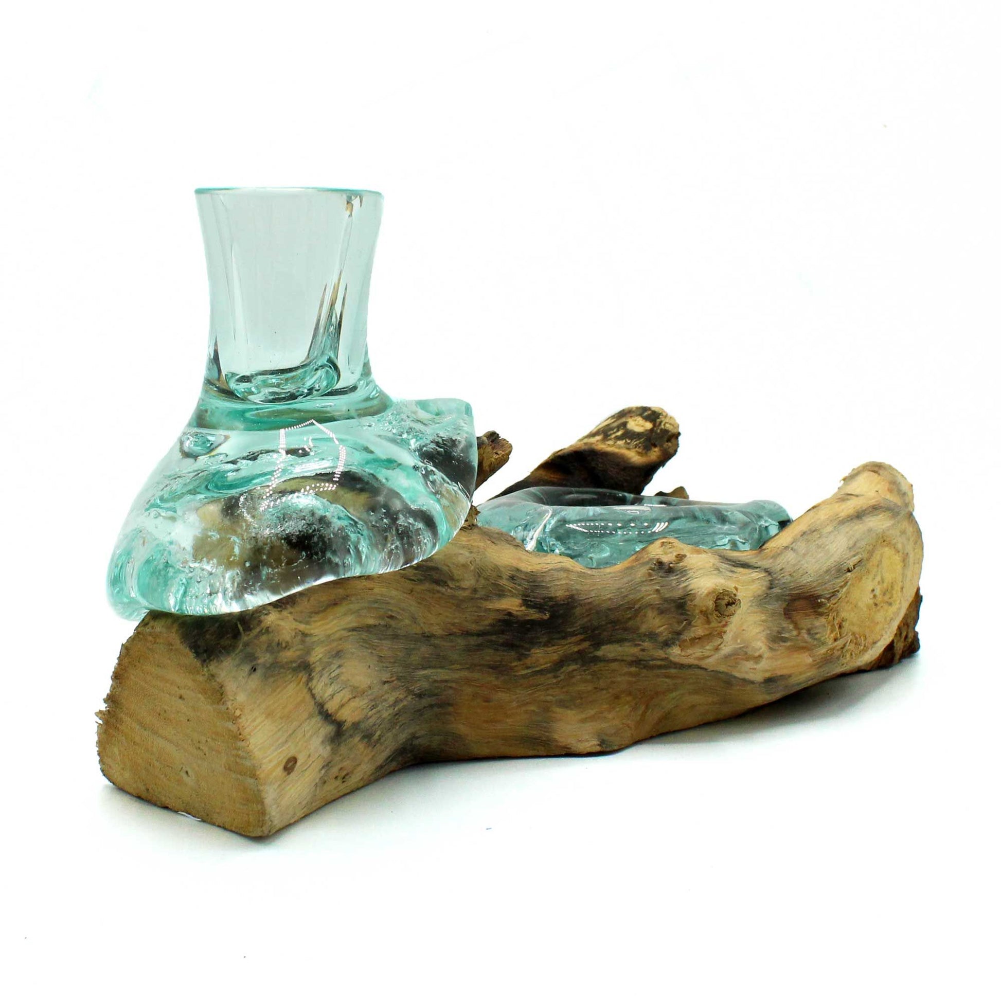 Molten Glass vase and tealight holder on wood - handmade Balinese eco-friendly decor