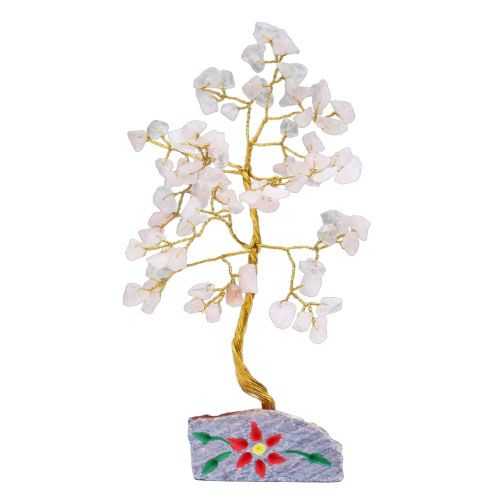 Indian Gemstone Tree - Rose Quartz on Hand-Carved Stone Base (80 Stones) on a white background