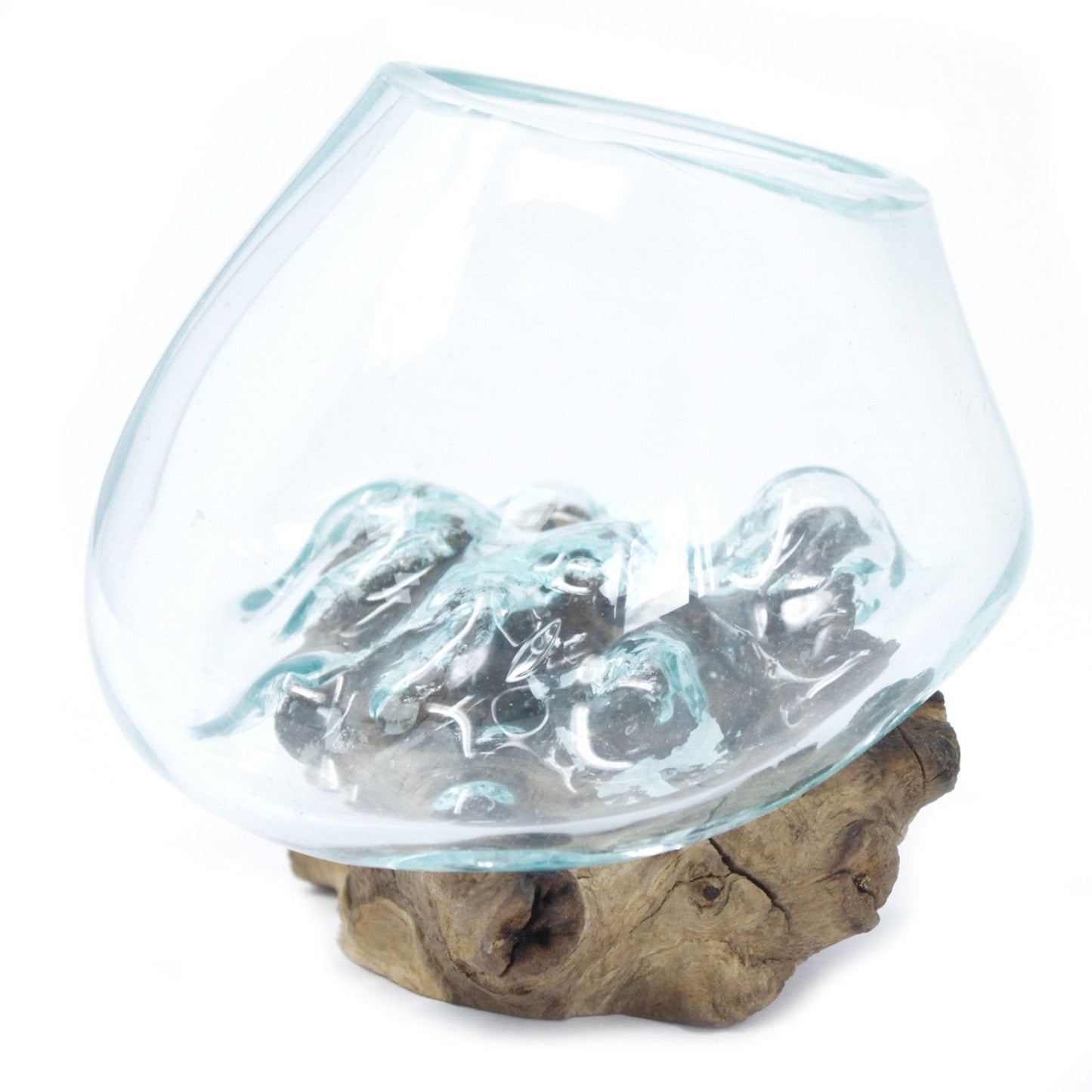 Molten glass bowl on a wooden base against a white background
