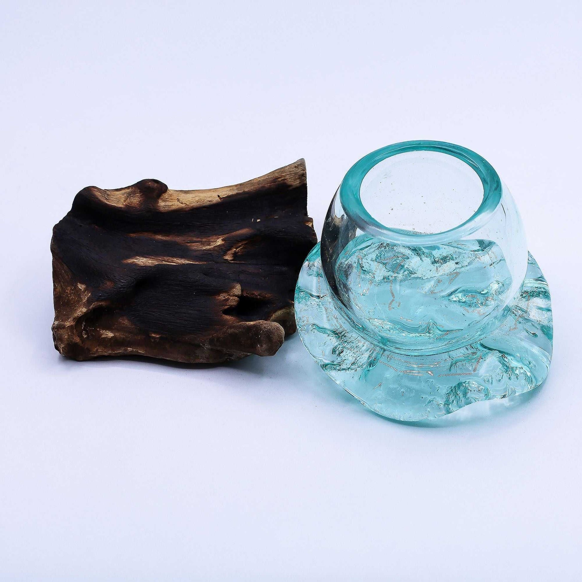 Molten Glass Mini Goldfish Bowl on Wood 20cm with bowl removed on a white background