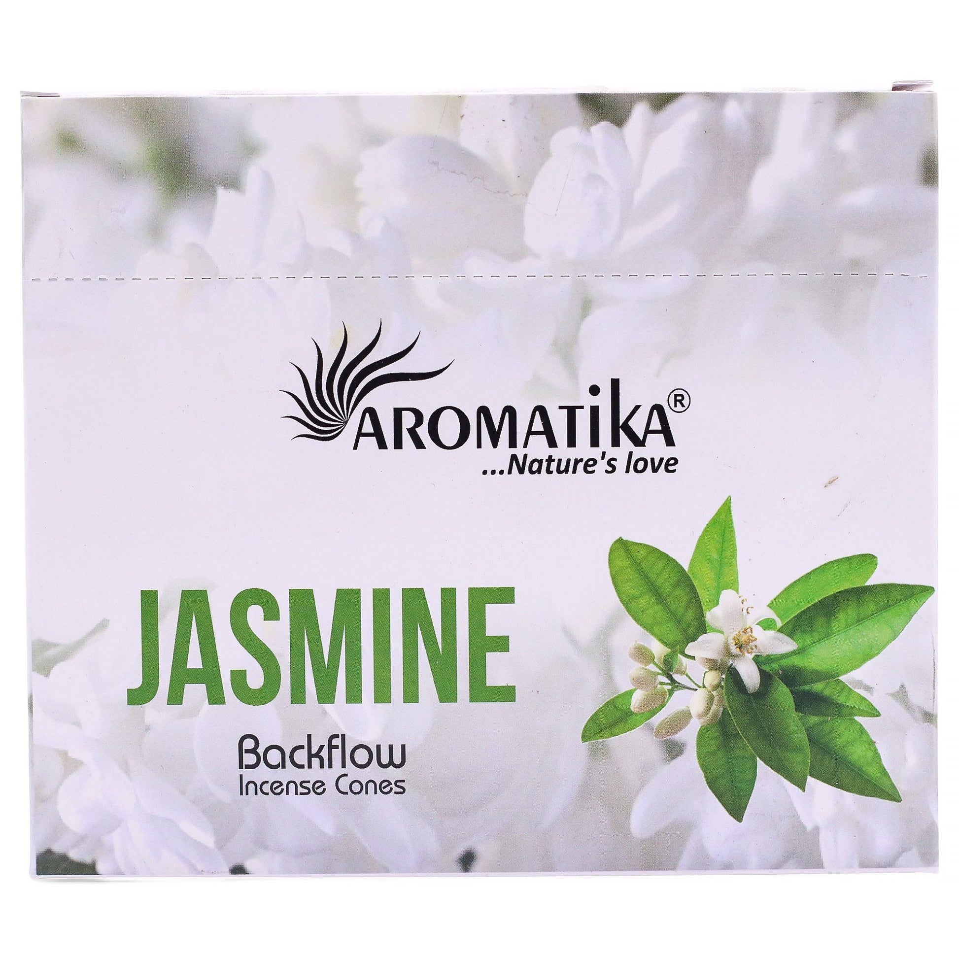 Aromatika Jasmine backflow incense cones packaging with floral background