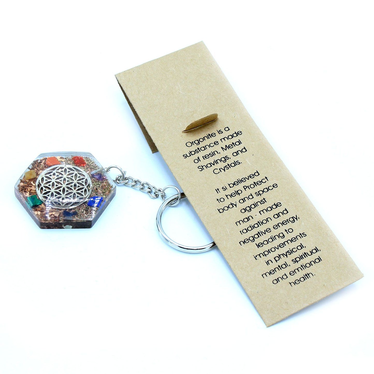 Orgonite Power Keyring - Octagon Flower of Life with information card