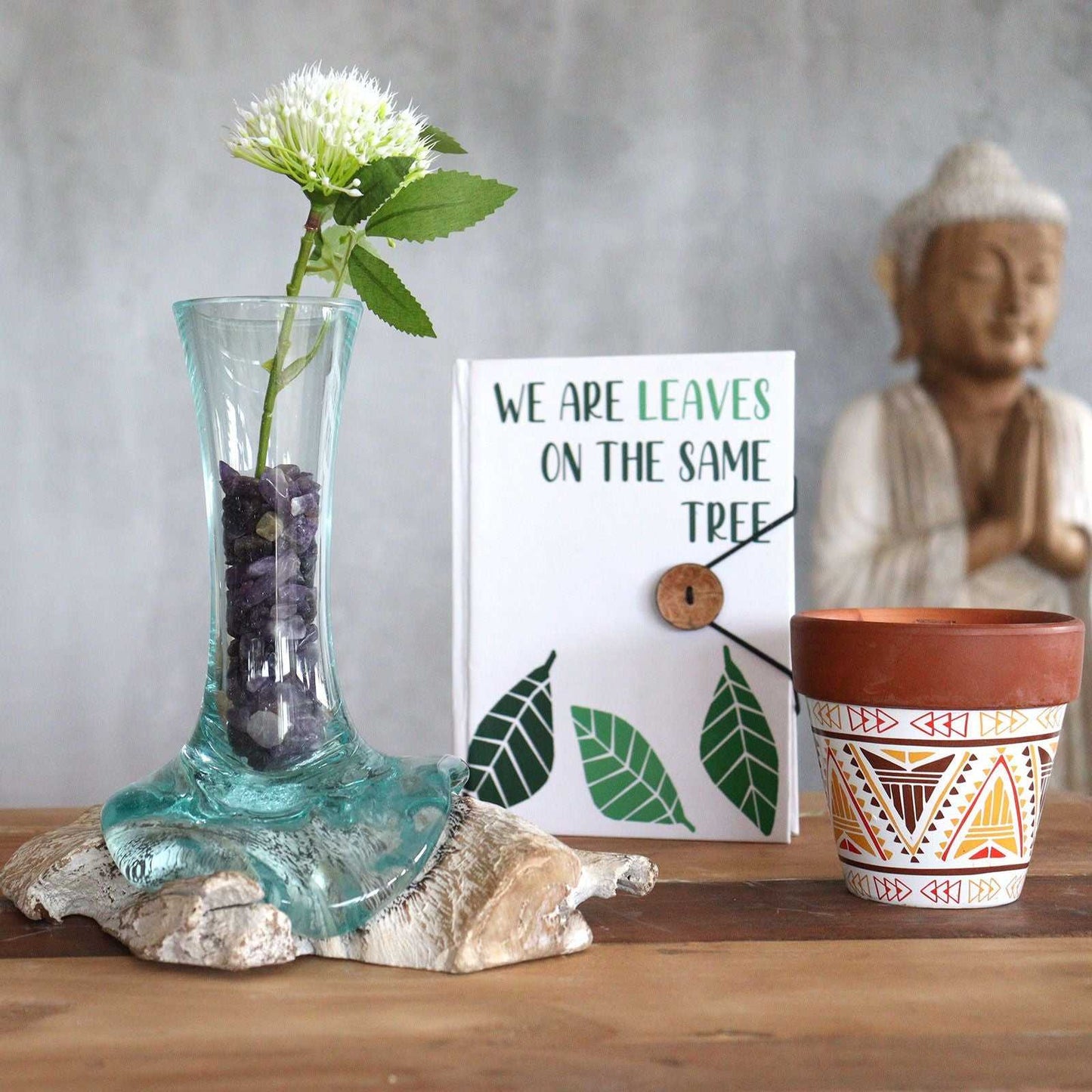 Molten Glass on Whitewash Wood - Vase - Small filled with crystals and a flower
