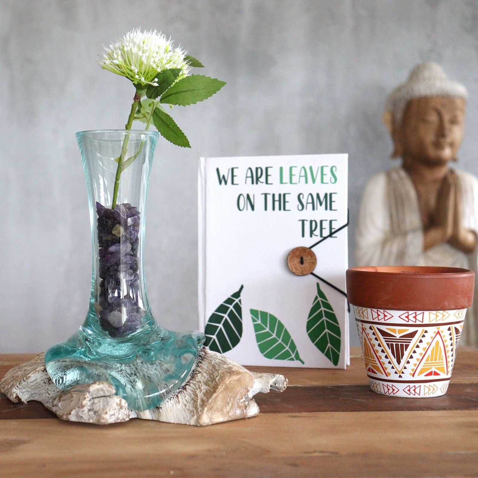 Molten Glass on Whitewash Wood - Vase - Small filled with crystals and a flower