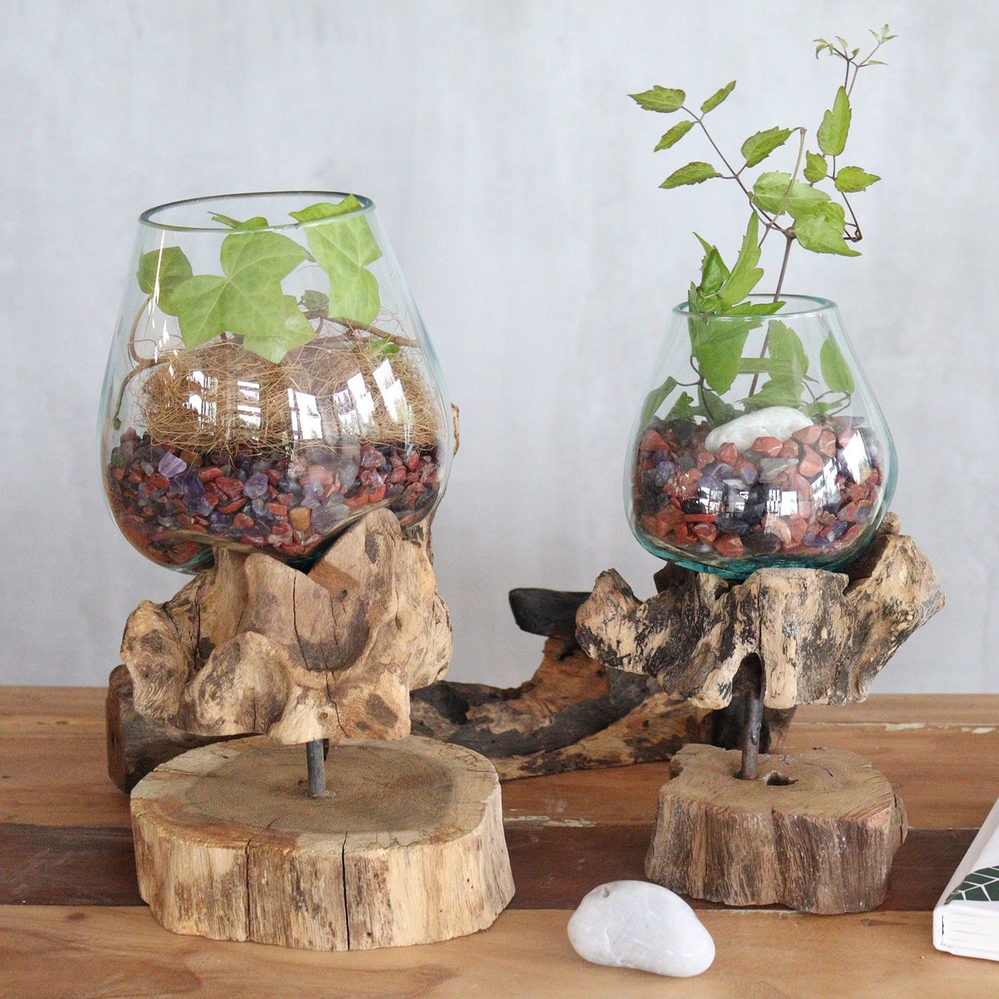 Handmade Recycled Glass Bowl on Wood Stand - Eco Decor