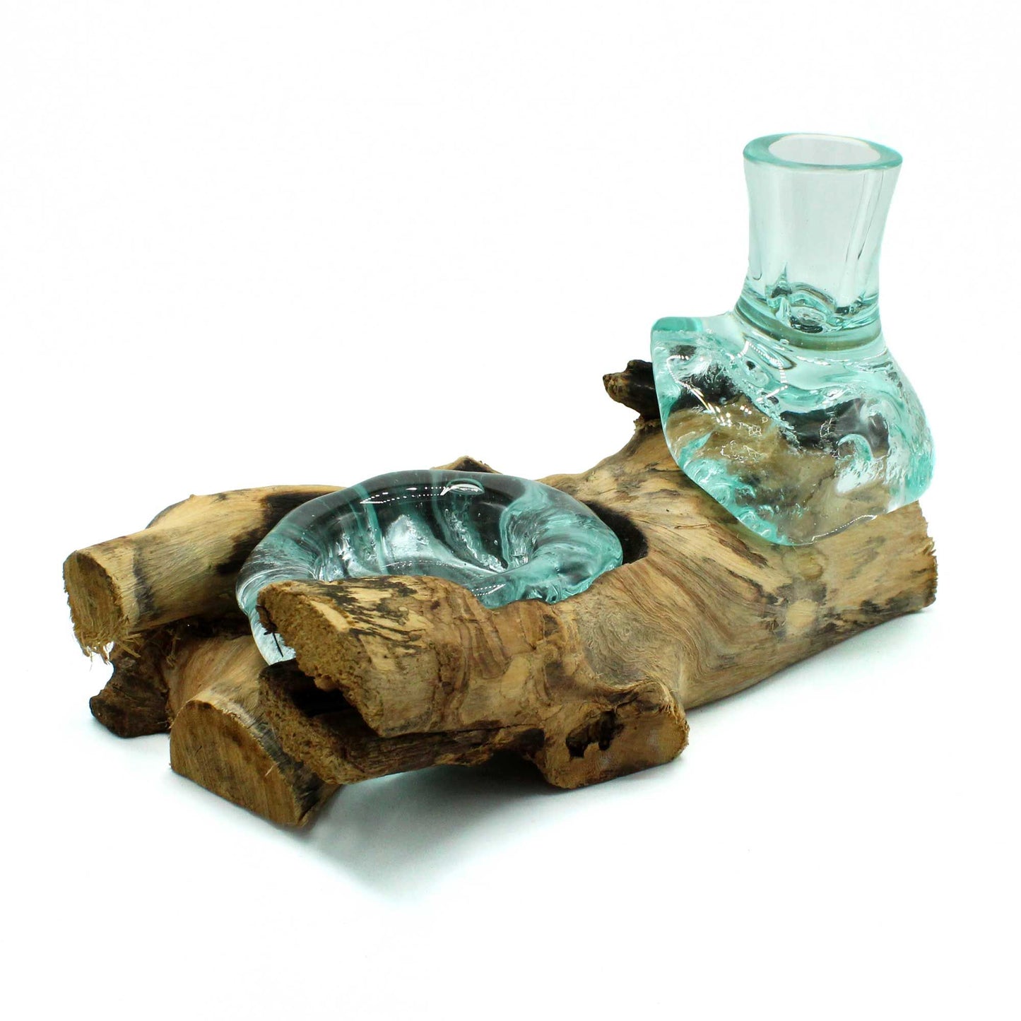 Molten Glass vases on a gamal wooden log with a white background