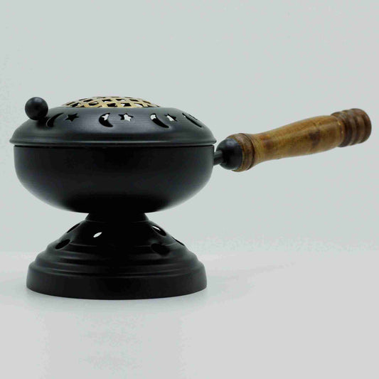 Large Iron Censer on Stand Incense Burner - Gold detail on a white background