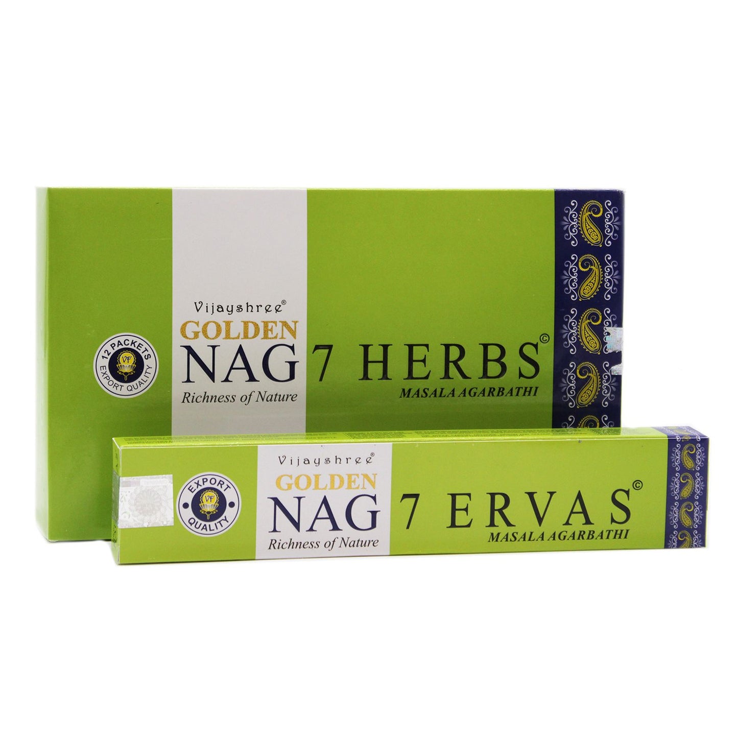 Two boxes of Golden Nag 7 Herbs and 7 Ervas incense on a white background