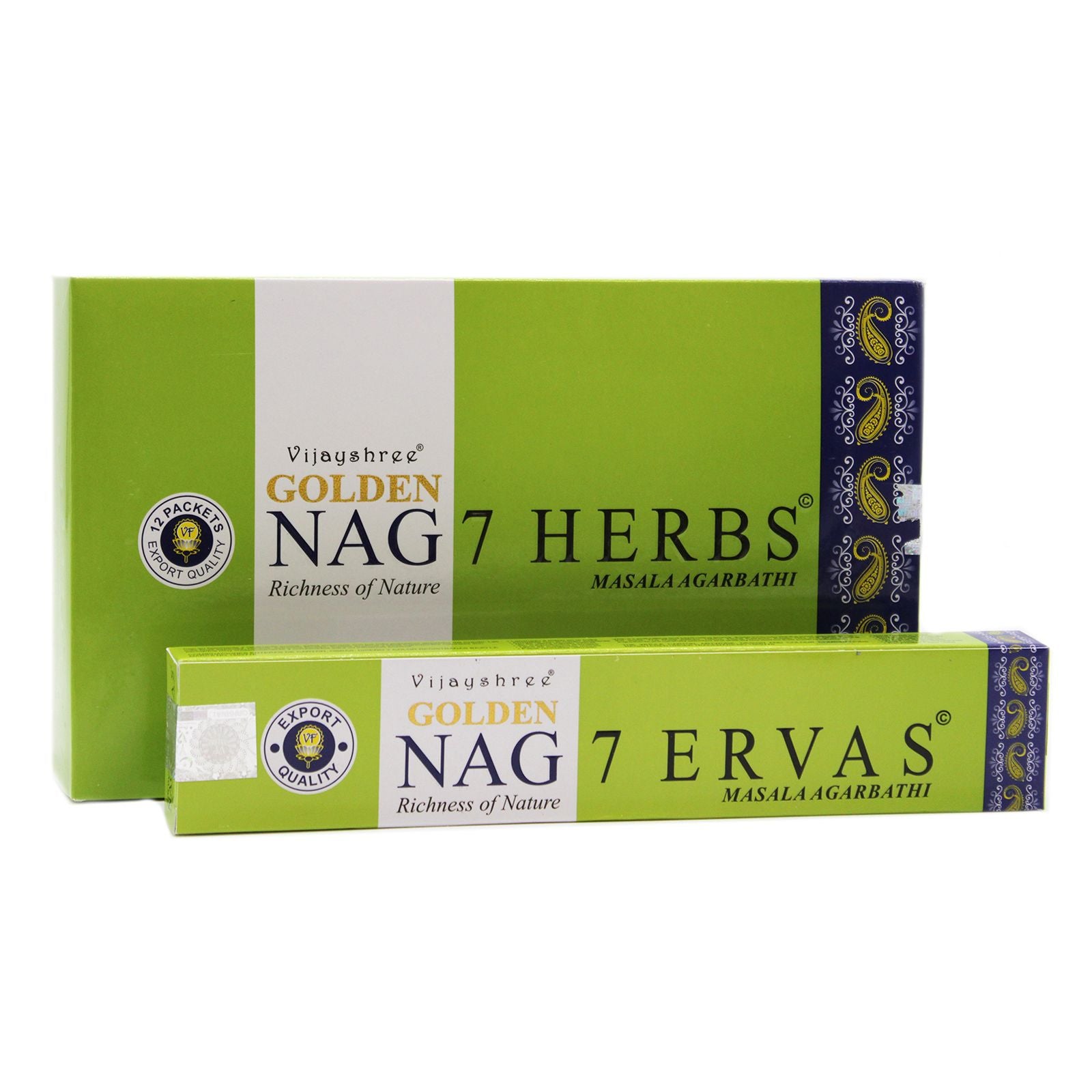 Two boxes of Golden Nag 7 Herbs and 7 Ervas incense on a white background