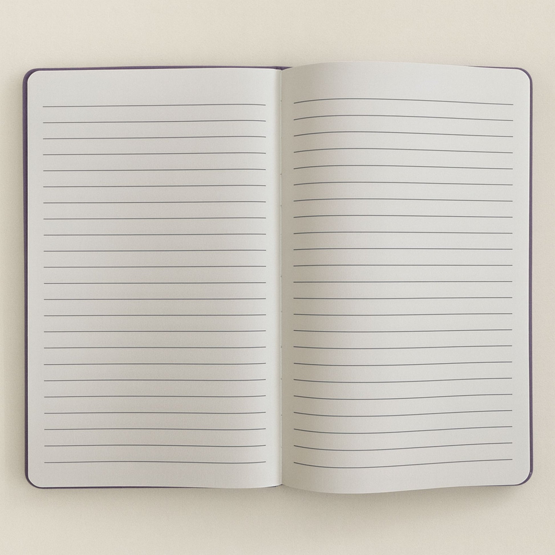 Open notebook with lined pages on a light beige background