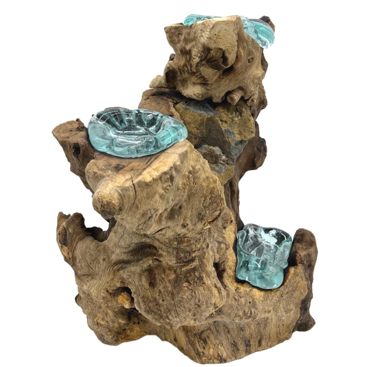 Decorative gamal wood structure with glass bowls on a white background