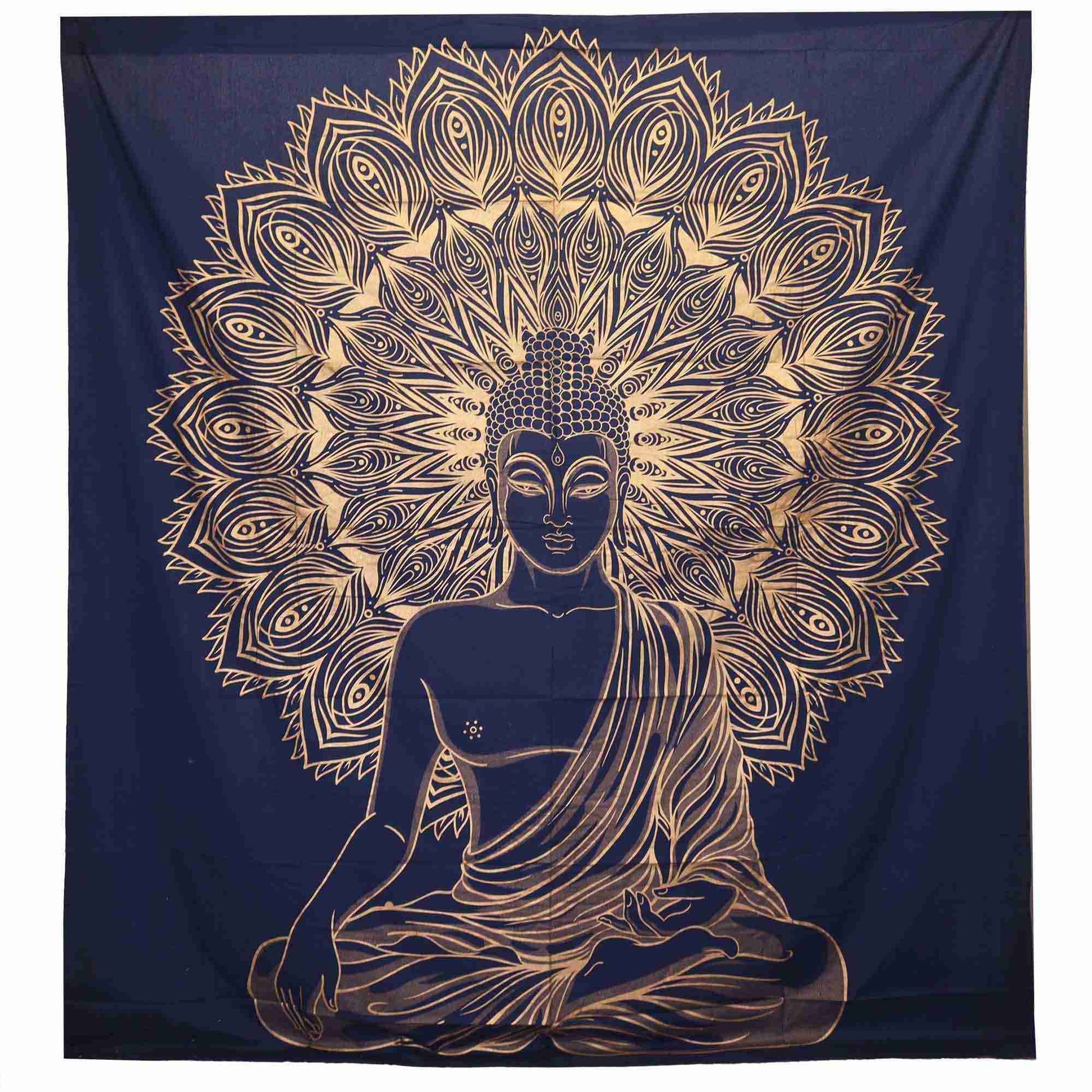 Double Cotton Bedspread / Wall Hanging - Buddha - Blue Gold on a white bakground