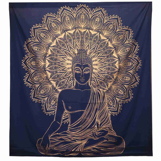 Double Cotton Bedspread / Wall Hanging - Buddha - Blue Gold on a white bakground