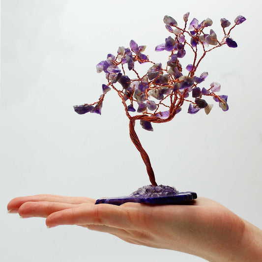 Large Gemstone Tree - Amethyst on Natural Agate Base, on a flat hand