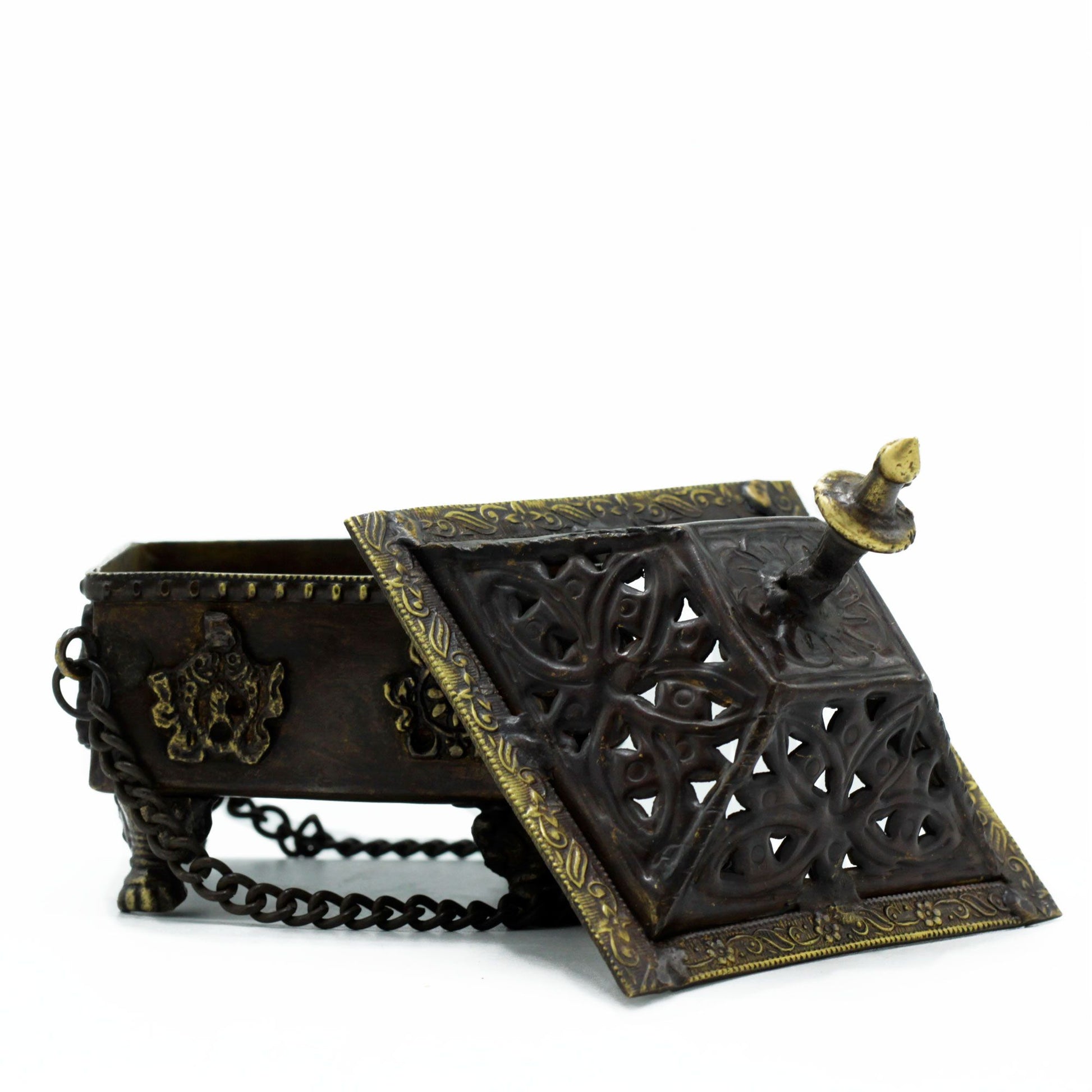 Brass Tibetan Burner - Eight Symbols Square Hanging Pot with lid removed