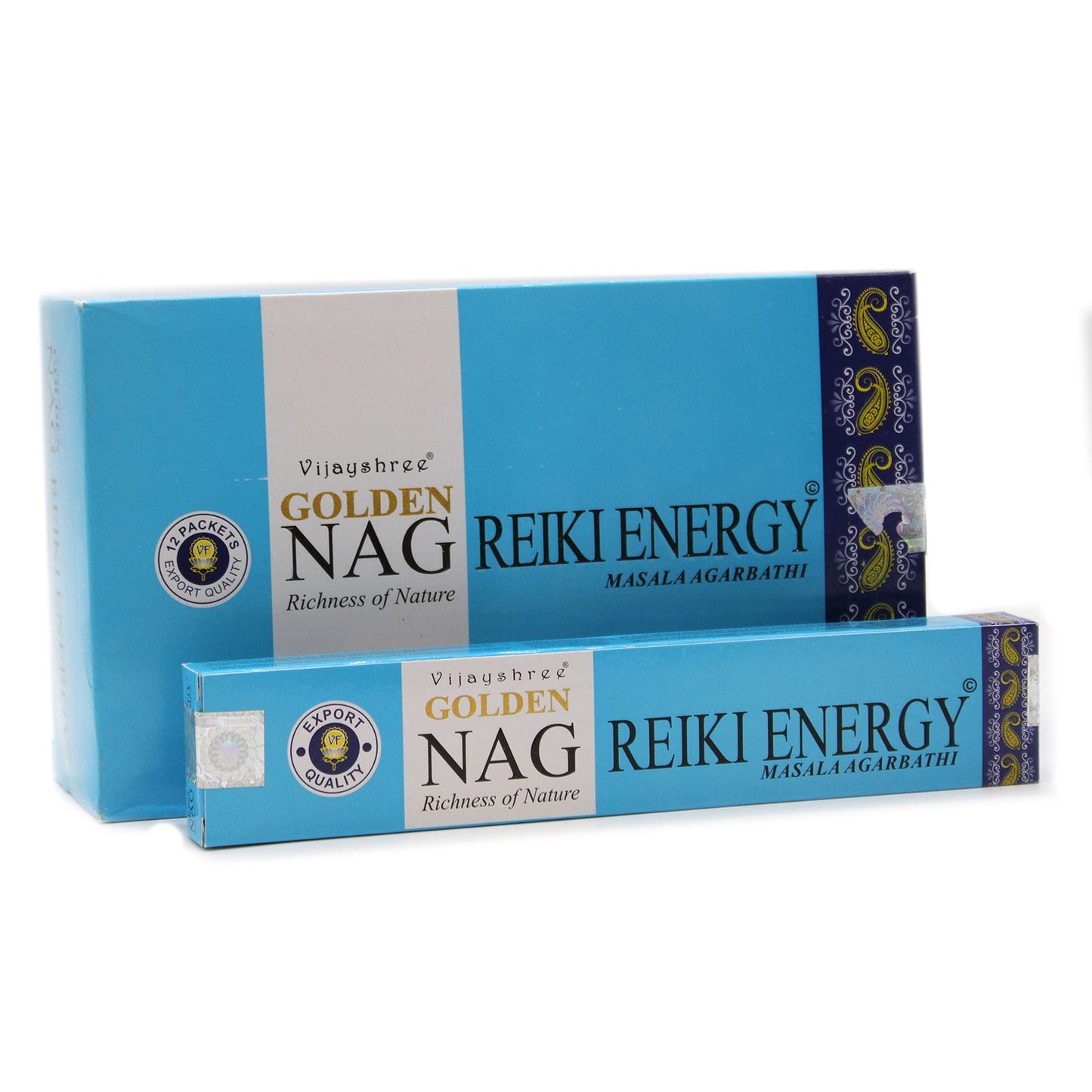 Two boxes of Golden Nag Reiki Energy incense on a white background