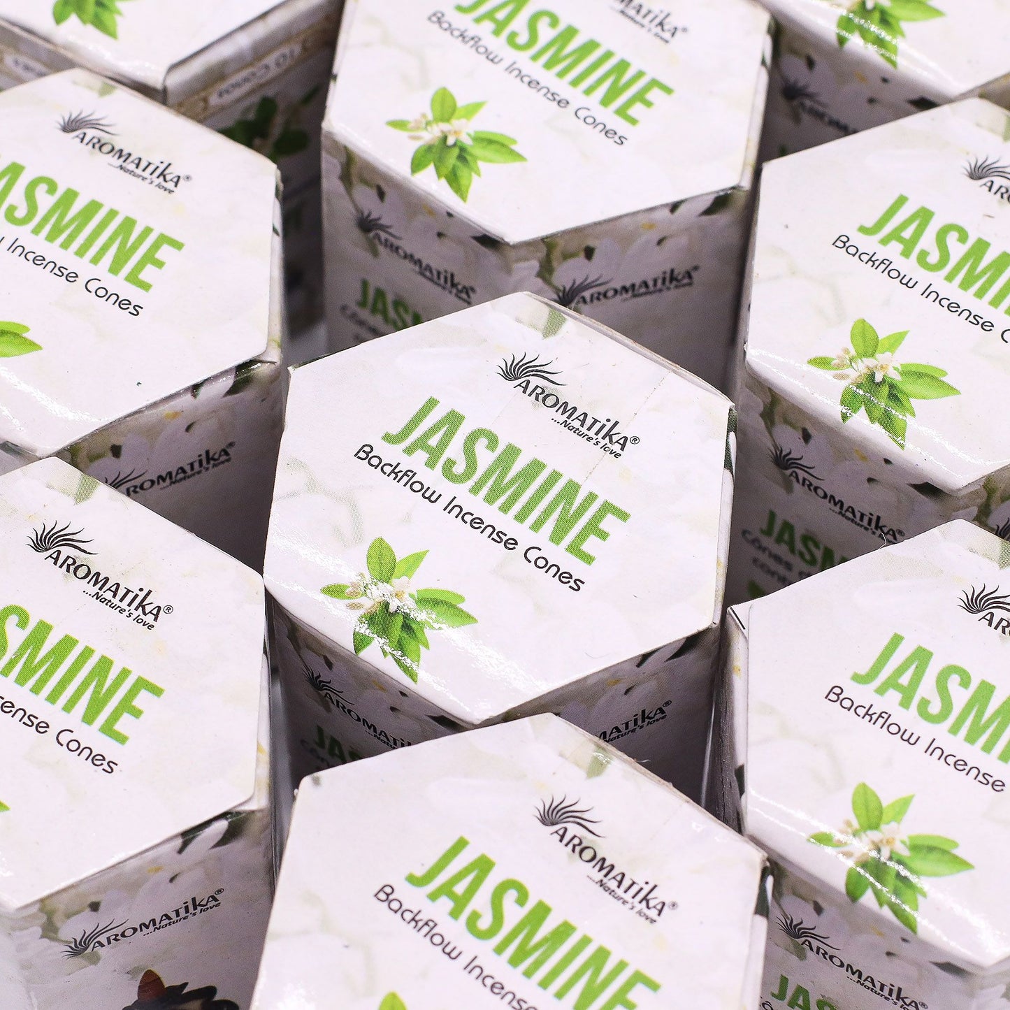 Aromatika Jasmine incense cones packaging arranged in a grid.