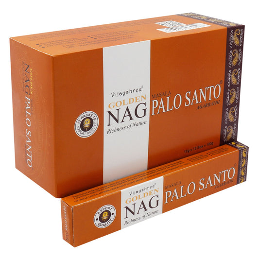Orange box of Golden Nag Palo Santo incense with a smaller box in front on a white background