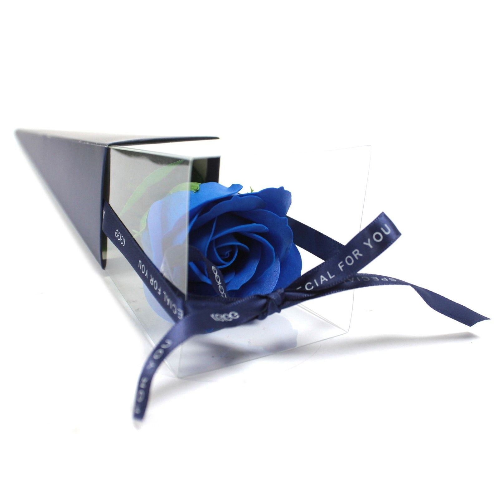 Single blue soap rose in a blue and clear gift box