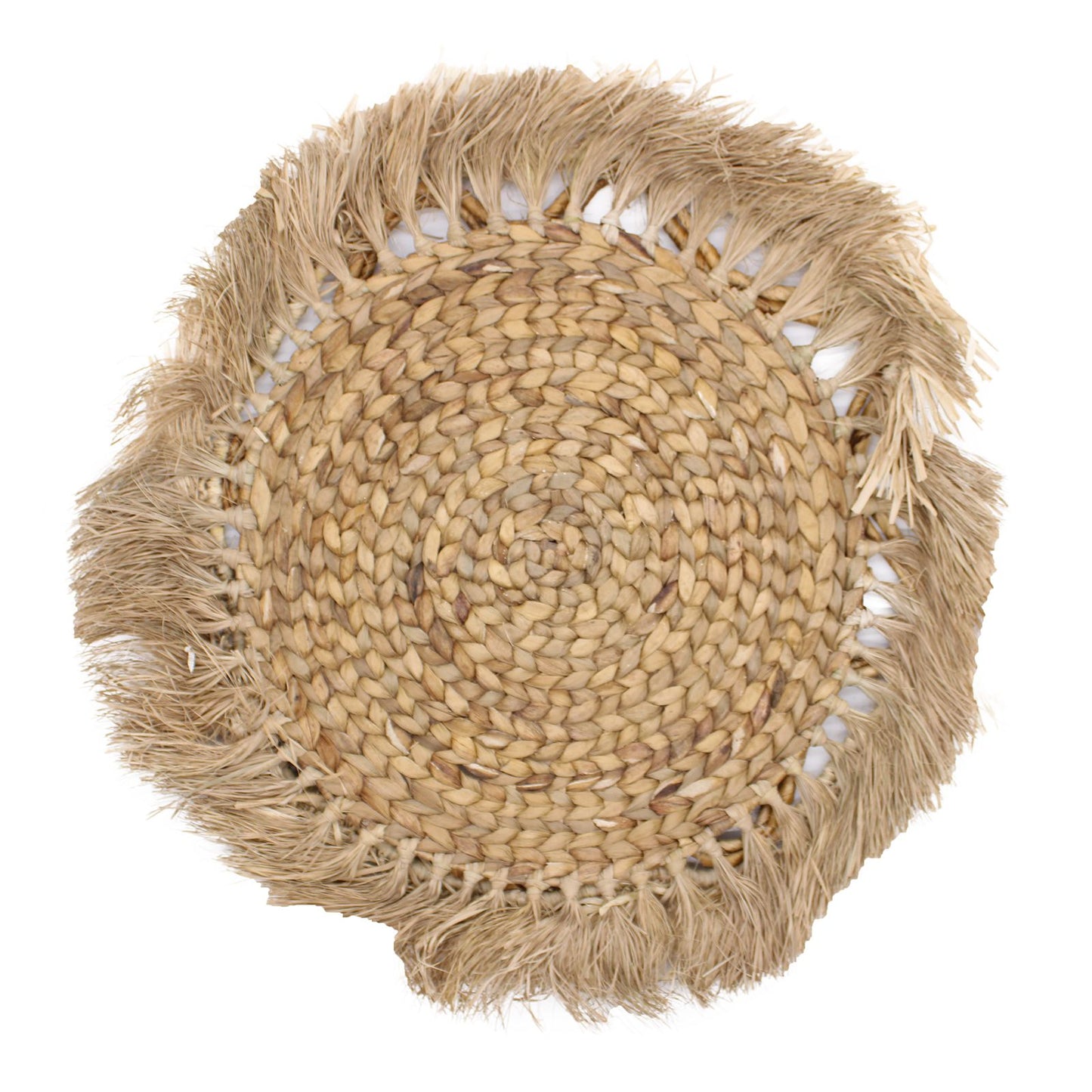 Round woven Natural Wall Art - Kribo Collection with fringes on a white background