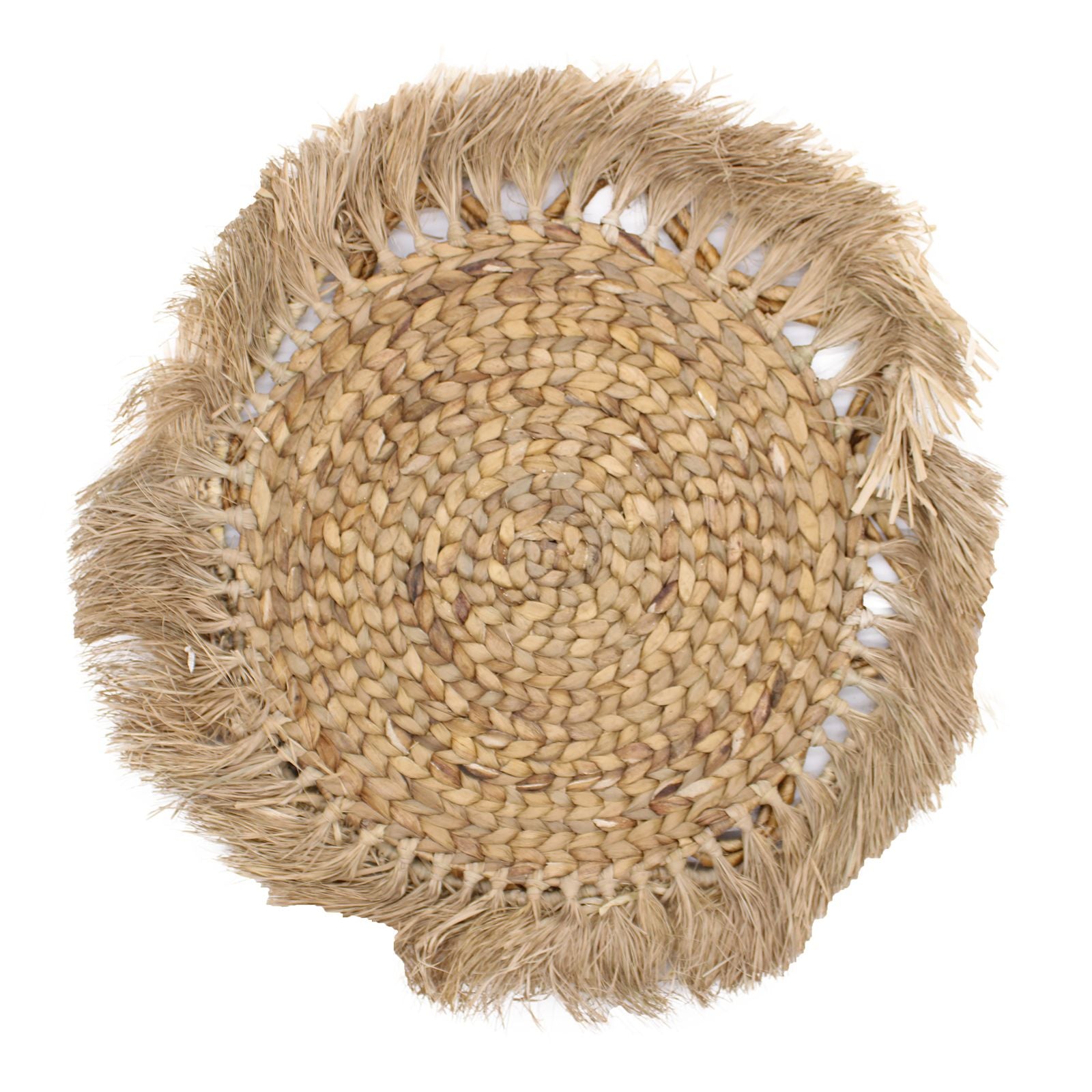 Round woven Natural Wall Art - Kribo Collection with fringes on a white background