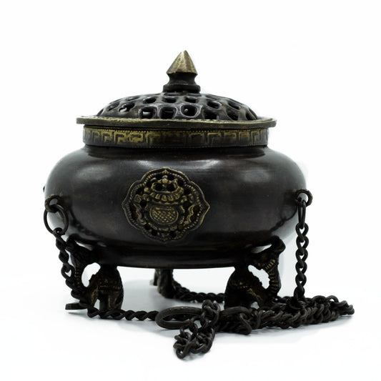 Large Brass Tibetan Burner - Four Symbol Hanging Pot with chain