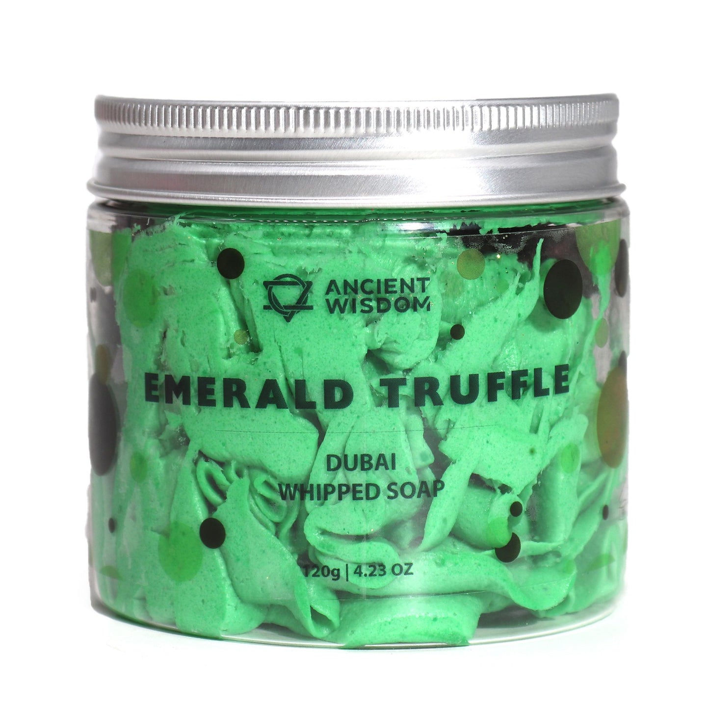 Jar of green whipped soap labeled 'Emerald Truffle' 120g.