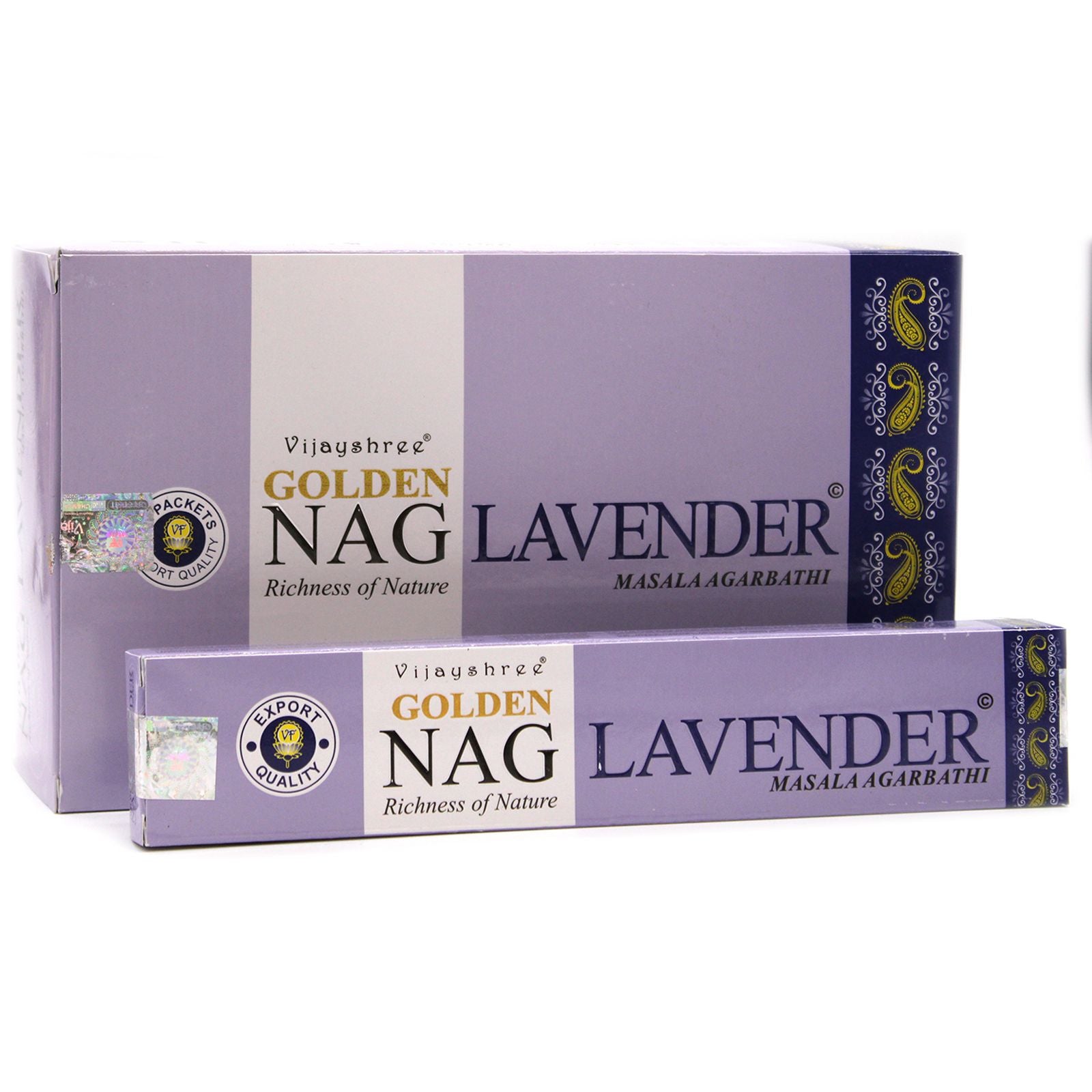 Two boxes of Golden Nag Lavender incense on a white background