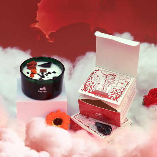 Hop Hare Crystal Magic Flower Candle - The Devil on a red and white background