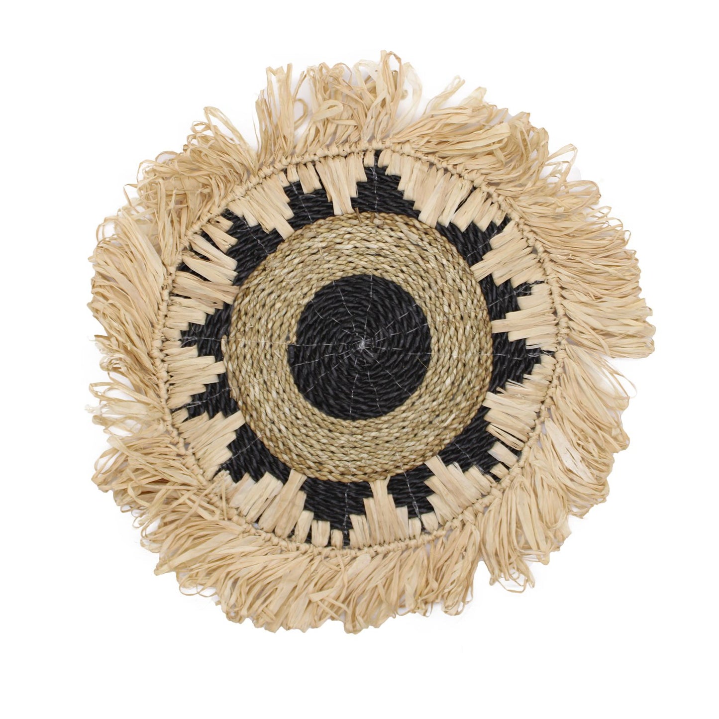 Woven Wall Art - Kribo Collection with black geometric pattern and frayed edges on a white background