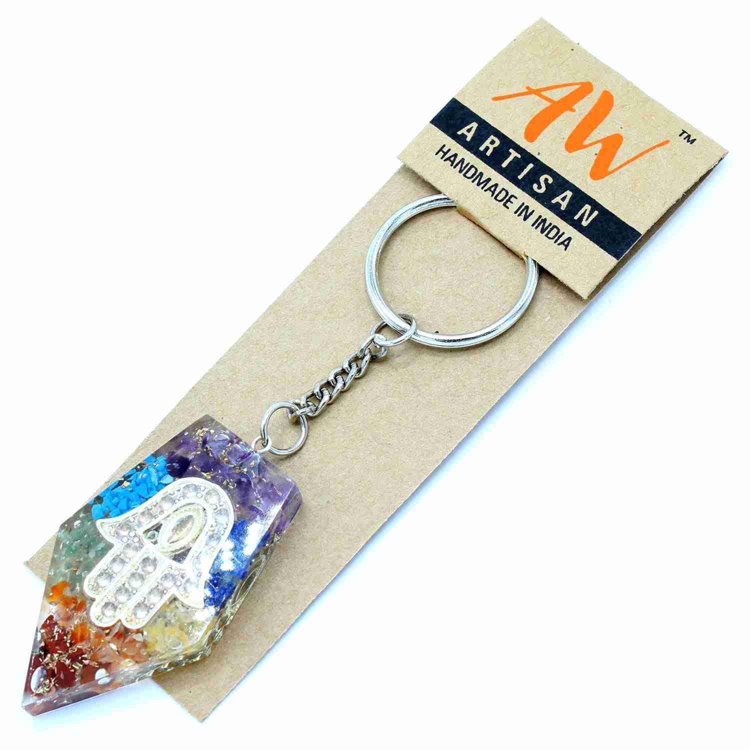 Orgonite Power Keyring - Gemstone Chakra Hamsa on a cardboard backing with 'AW Artisan' branding.