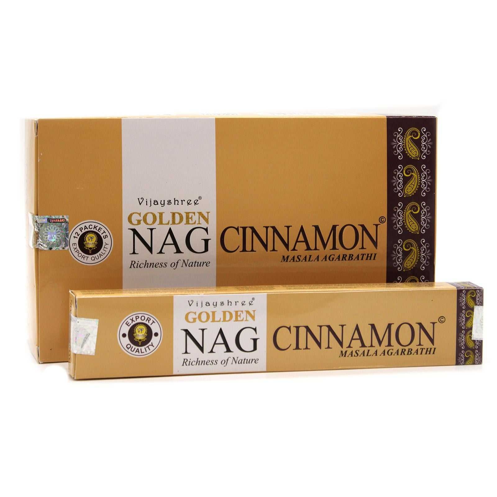 Two boxes of Golden Nag Cinnamon incense on a white background
