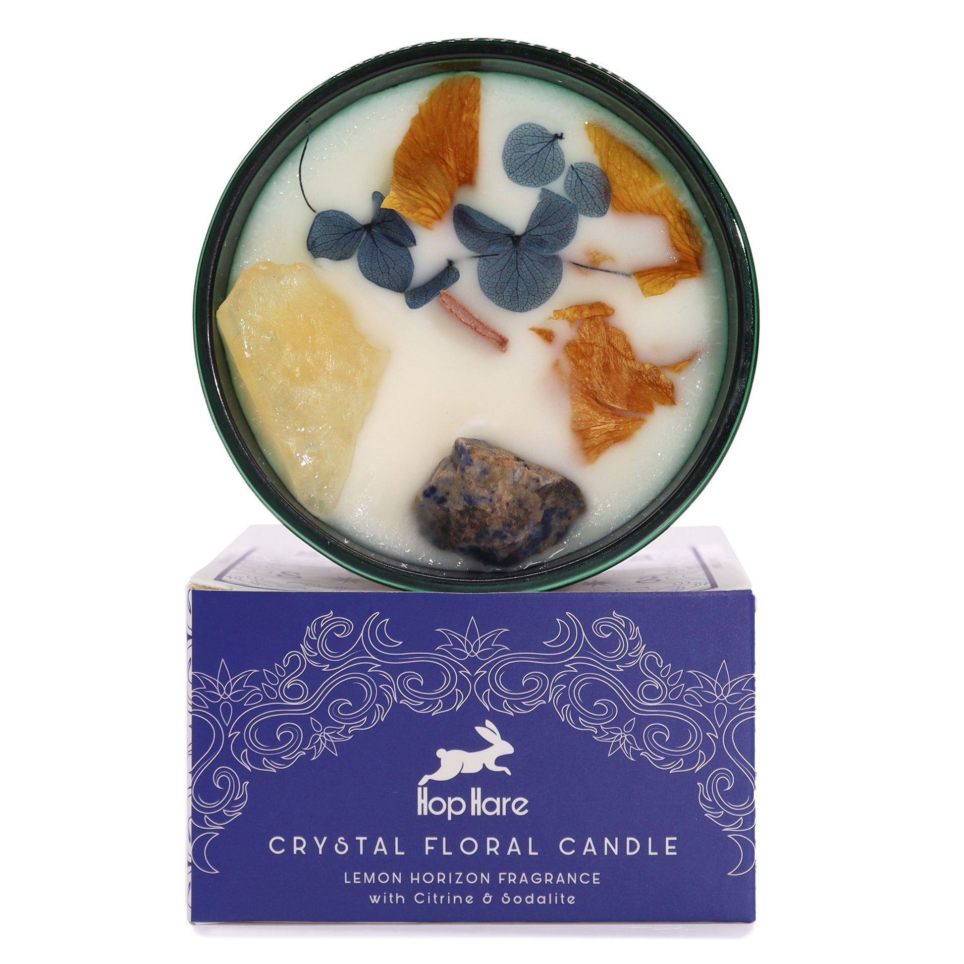 Hop Hare Crystal Magic Flower Candle - The Sun on a white background on top of packaging