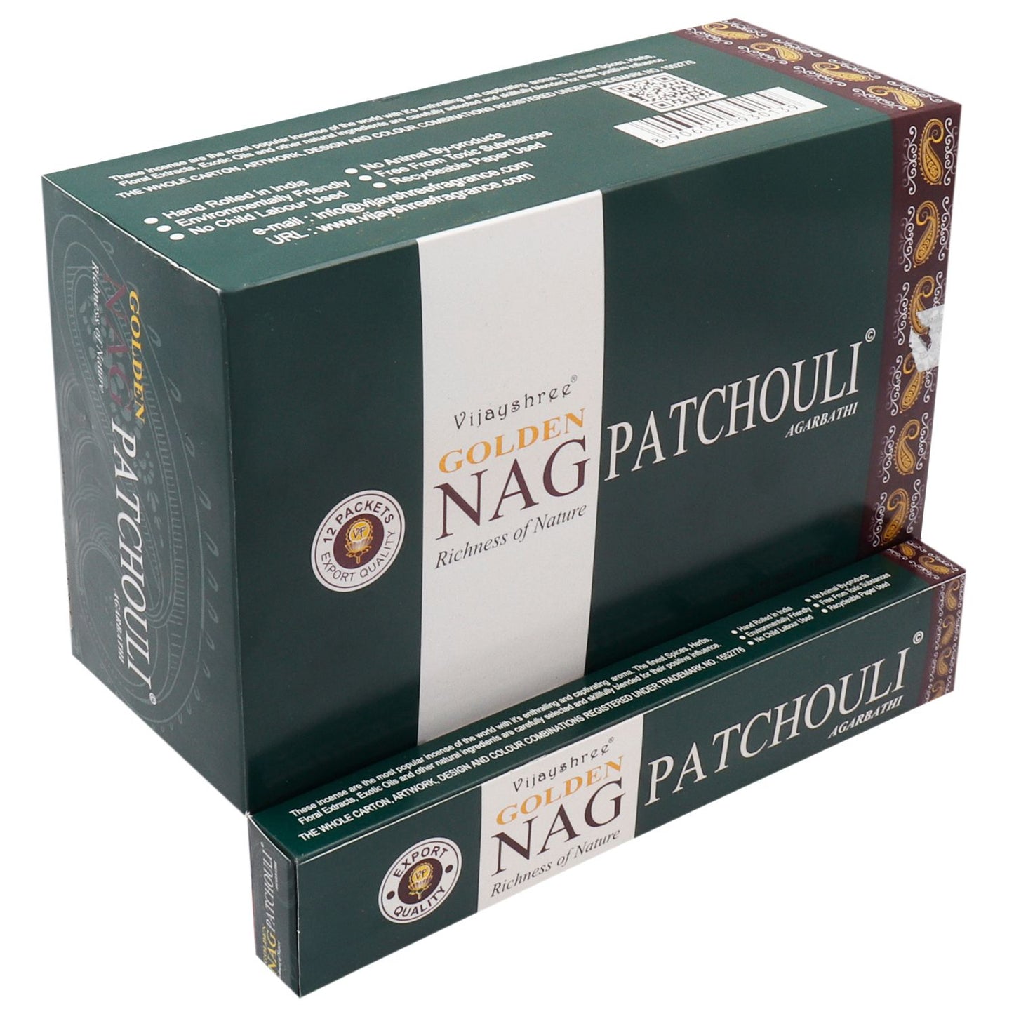 Vijayshree Golden Nag Patchouli incense packaging on a white background