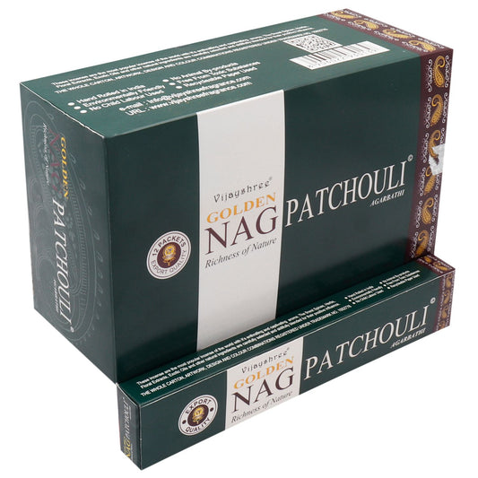 Vijayshree Golden Nag Patchouli incense packaging on a white background
